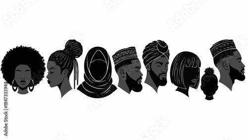 Diverse group of people in profile silhouette with various hairstyles and headwear.