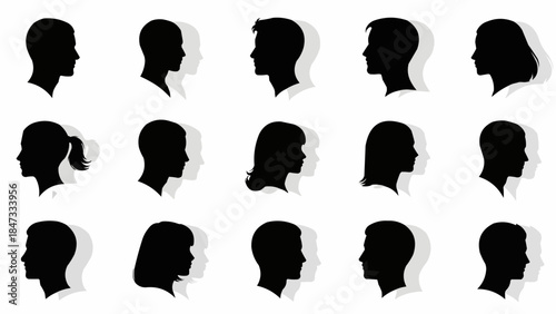 Collection of diverse human head silhouettes in profile view.