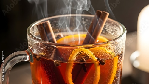 Close-up of steaming hot winter drink with cinnamon sticks, cloves, and orange peel in a glass mug