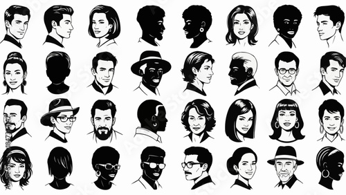Collection of Diverse Human Head Portraits in Black and White Style.