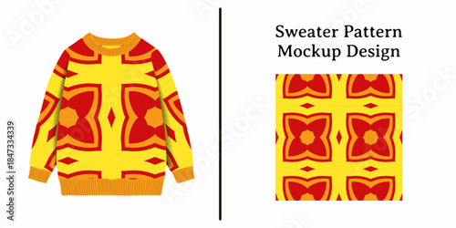 Vibrant yellow sweater with red and orange geometric pattern design