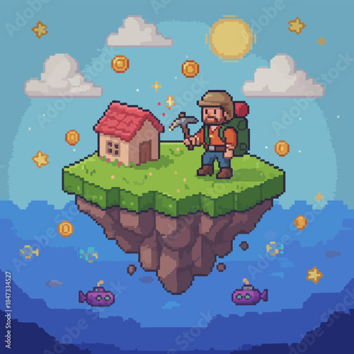 Pixel Art Floating Island Adventure with Mining Character
