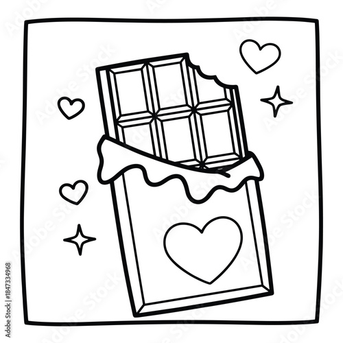 Cuadro en lienzo Black and white line art of a chocolate bar with a bite taken out candy sweet