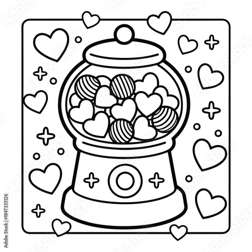 Black and white outline illustration of a gumball machine filled with heart-shaped candies