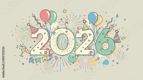 Colorful illustration of 2026 New Year's celebration with balloons, fireworks, and confetti on a beige background.