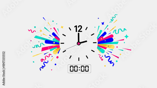 A colorful clock striking midnight with confetti and streamers on a clean white background, symbolizing Happy New Years celebrations.