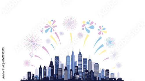 Illustration of a city skyline with fireworks exploding in the sky, celebrating Happy New Years with a vibrant and festive atmosphere.