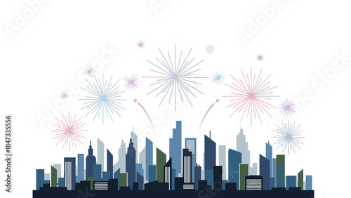 A vibrant city skyline celebrates Happy New Years with colorful fireworks exploding in the night sky against a white background.