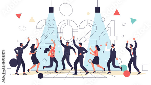 Illustration of a diverse group of people celebrating Happy New Years in 2024 with colorful decorations and confetti in a lively scene.