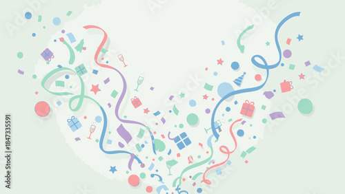 Colorful confetti and ribbons floating against a light green background, conveying a joyful and celebratory mood for Happy New Years.