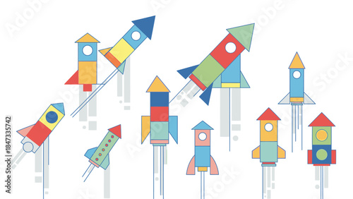 Colorful illustration of multiple rockets launching into the air with a white background, conveying a joyful and celebratory mood for Happy new years.