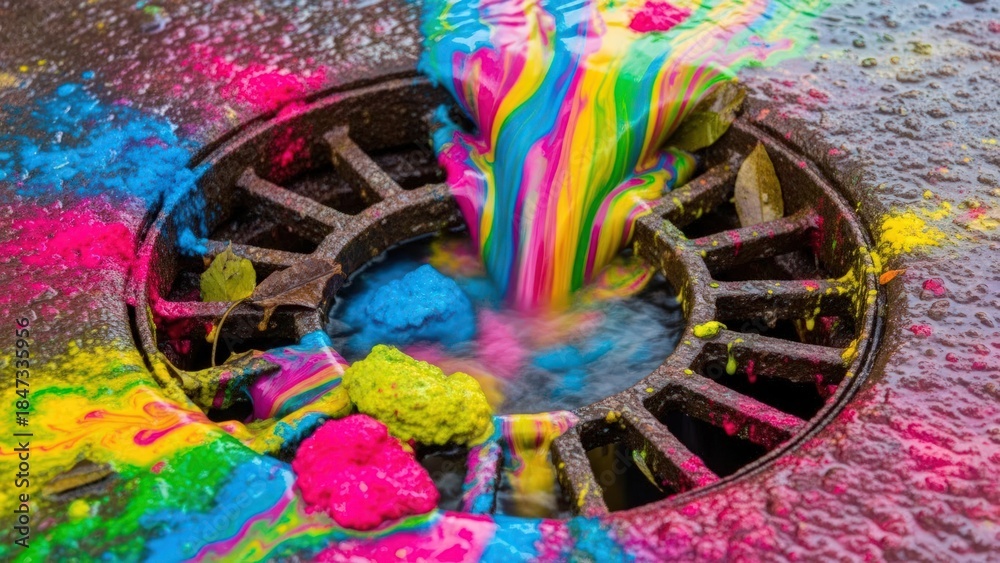 Obraz premium Close-up of a manhole cover with vibrant, multicolored powder spilling out onto wet pavement.