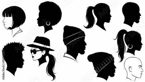 Diverse collection of black silhouette profiles showcasing various hairstyles and headwear.