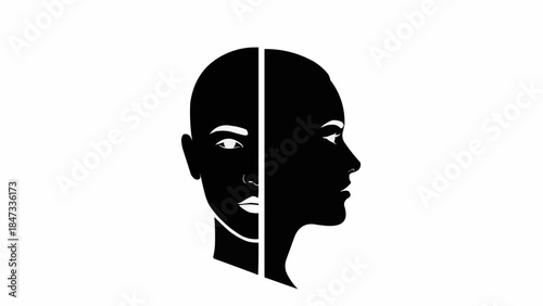 Split Personality Human Head Silhouette Facing Opposite Directions.