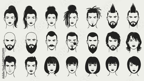 Collection of diverse stylized human portraits with various hairstyles and facial features.