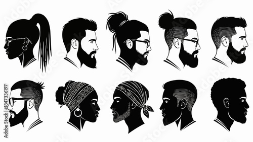 Diverse collection of male and female silhouettes showcasing various hairstyles and facial hair styles.