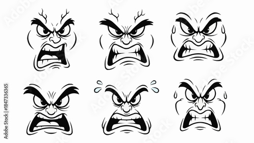 Collection of six angry cartoon faces with intense expressions.