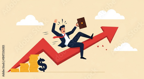 Businessman Falling on Upward Financial Growth Arrow with Money Stack Illustration in Office Environment