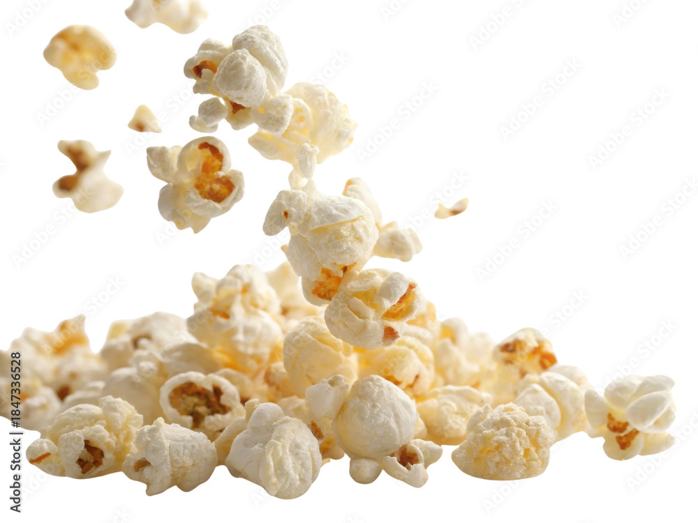 Obraz premium Popcorn snack food kernel butter salt white crispy popcorn snack food kernel butter salt white crispy pile falling motion capture detail