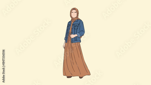 Young Muslim Woman Wearing a Denim Jacket and Long Skirt.