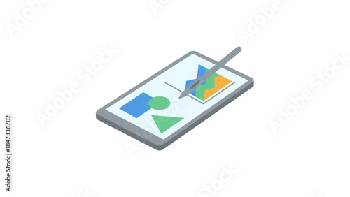 Isometric digital drawing tablet with stylus creating geometric shapes and charts on screen