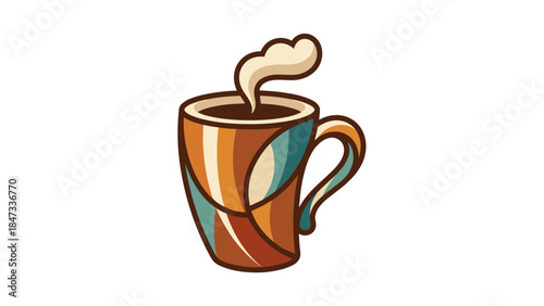 Steaming coffee mug with abstract retro pattern and warm beverage inside