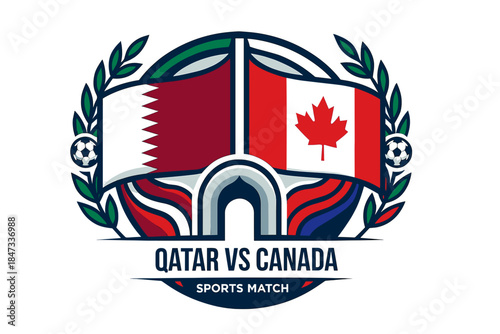 Qatar vs canada football match emblem with flags and wreath