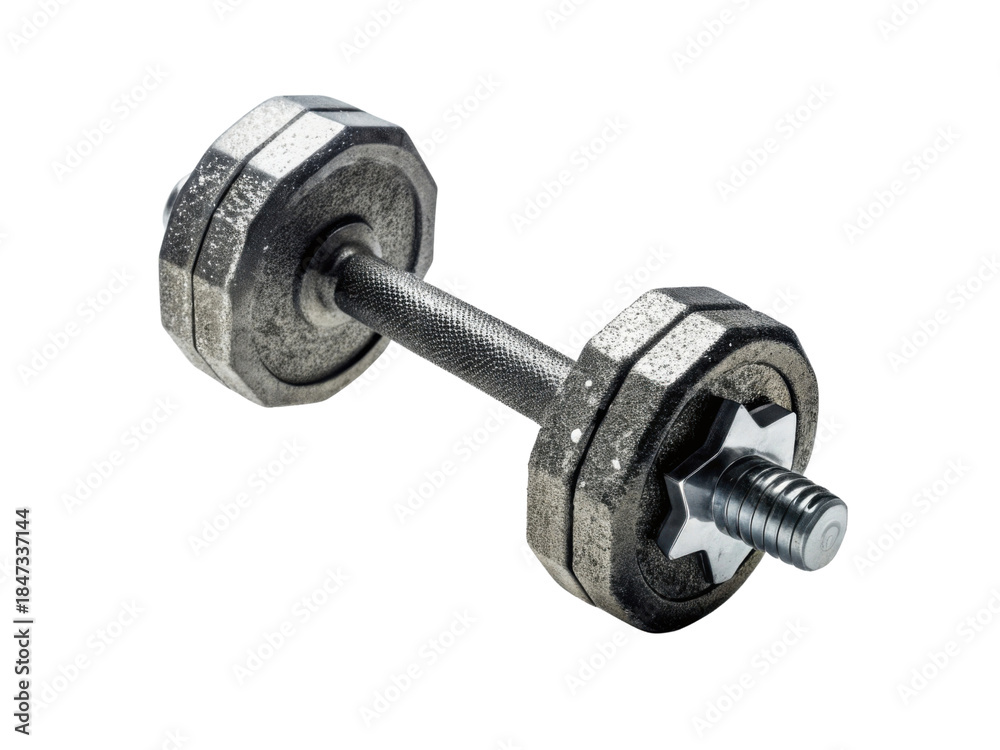 Fototapeta premium Single dumbbell metal weight gym equipment fitness gear workout tool isolated object strength training exercise concept chrome handle textured grip