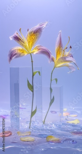 Delicate lilies bloom with speckled petals on a pastel blue background.