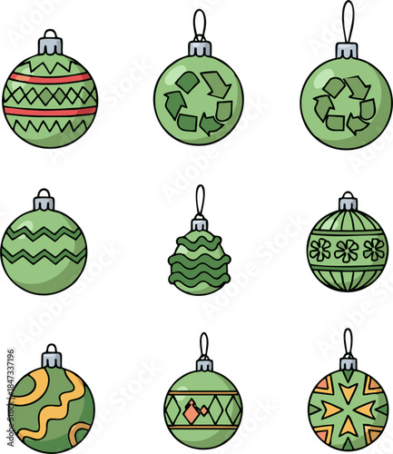 Collection of green Christmas ornaments with various patterns and a recycling symbol, promoting eco-friendly holiday decorations.