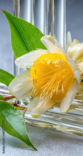 Dew drops on a yellow and white flower with green leaves.
