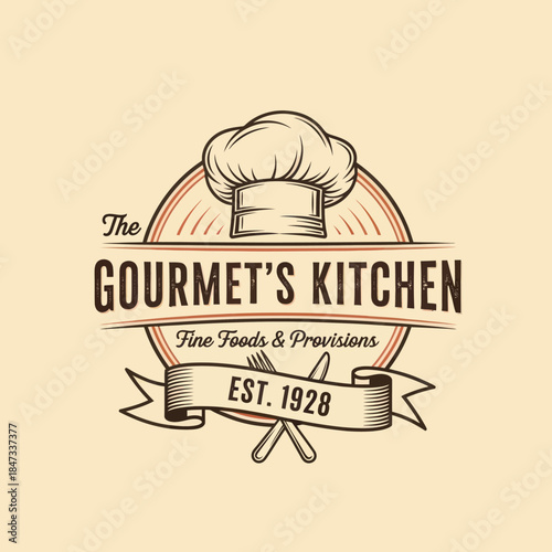 Gourmet Kitchen Logo with Chef Hat.