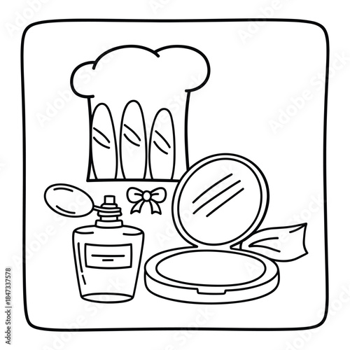 Line art perfume bottle, powder compact, and bow spray atomizer