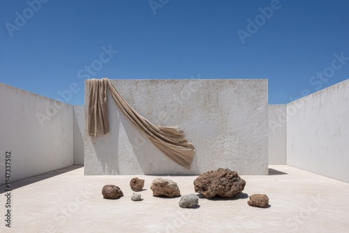 Natural elements arranged with fabric against a stucco wall under blue sky.