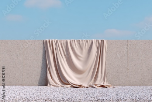 A light fabric drapes over a concrete wall under a clear blue sky.
