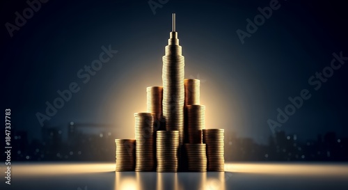 Financial Growth and Wealth Concept with Stacked Gold Coins Forming a Skyscraper Against a Dark Background