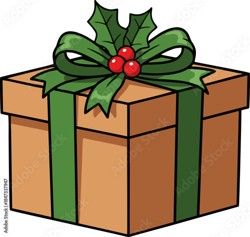 A festive brown gift box adorned with a green ribbon and holly berries.