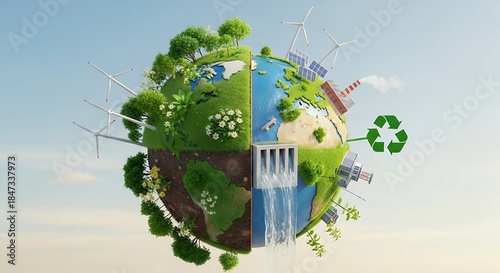 Environmental Concept Earth with Green Side and Polluted Side Representing Sustainability and Climate Change Issues