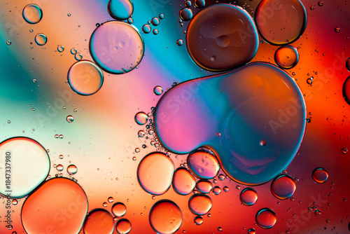 Close up of oil drops on water surface. Colorful abstract macro background of oil drops on water surface with air bubbles inside. Colorful background for gadget and computer wallpaper