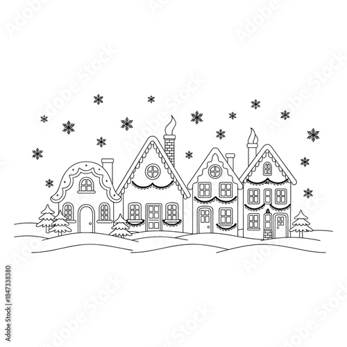 Whimsical line art drawing of a snowy village with gingerbread houses homes winter