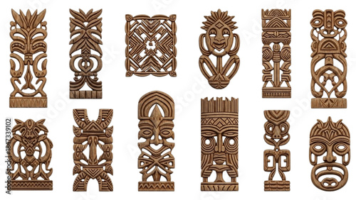 Collection of intricate wooden carved tiki statues and masks