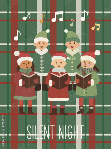 Children choir singing Christmas carols on plaid background.