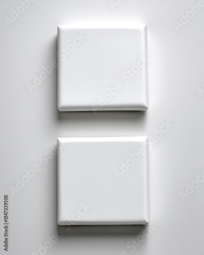 Two blank white canvases mounted on a clean, minimalist wall.