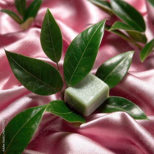 Green herbal bar rests on pink satin surrounded by glossy green leaves.