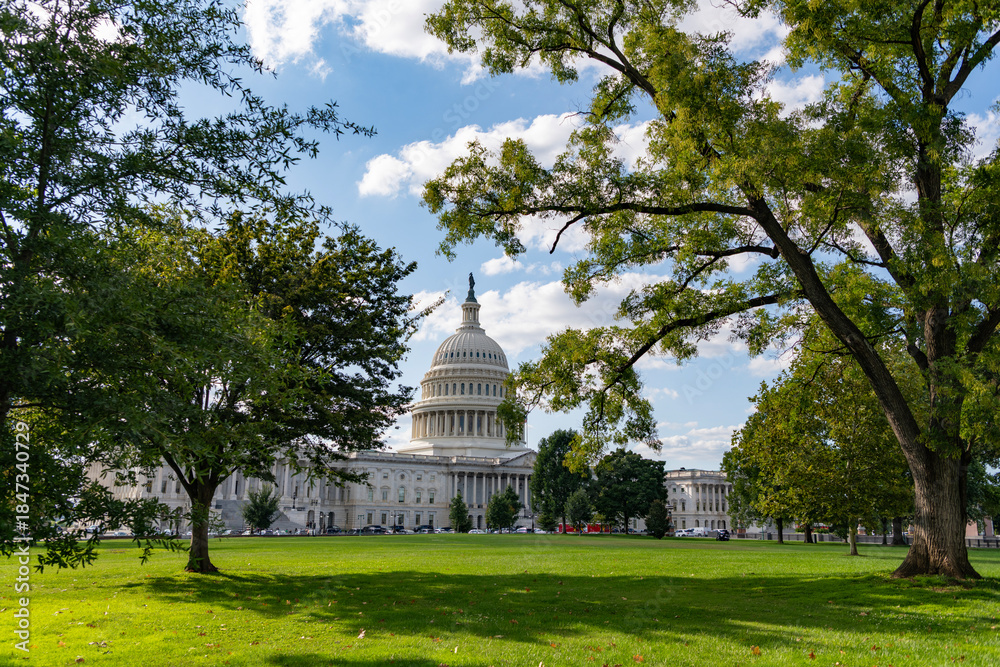 Naklejka premium The Capitol building in Washington. Architecture view on dome with column. Famous Capitol in Washington DC. Washington DC landmark. Senate and House in Washington DC. Capitol dome