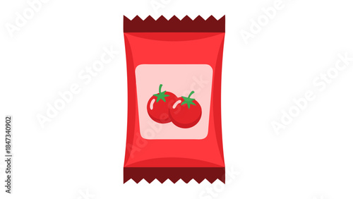 Red Ketchup Packet with Tomato Illustration