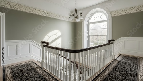 Refined curved staircase landing with classic detailing, soft daylight, and balanced composition for luxury interiors.

