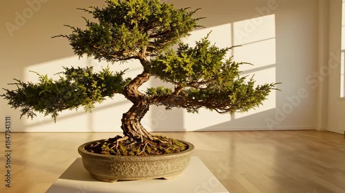 Fine art studio high key shot of a small potted juniper tree perfectly positioned against a vast white wall illuminated by gentle golden hour sidelight commercial, perfectly, conceptual