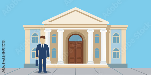 Flat vector illustration of a banker in front of bank building, simplified classical bank facade with columns, solid colour palette, clean flat vector illustration,