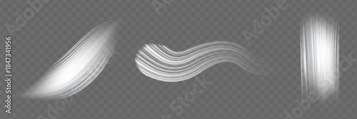 White glowing shiny lines effect vector background. Luminous white lines of speed. Light glowing effect. Light trail wave, fire path trace line and incandescence curve twirl.